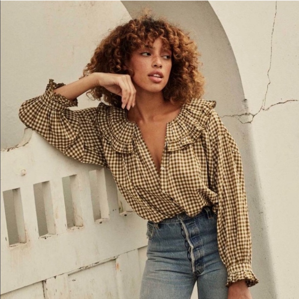 ISO Doen Seychelle blouse XS in olive gingham